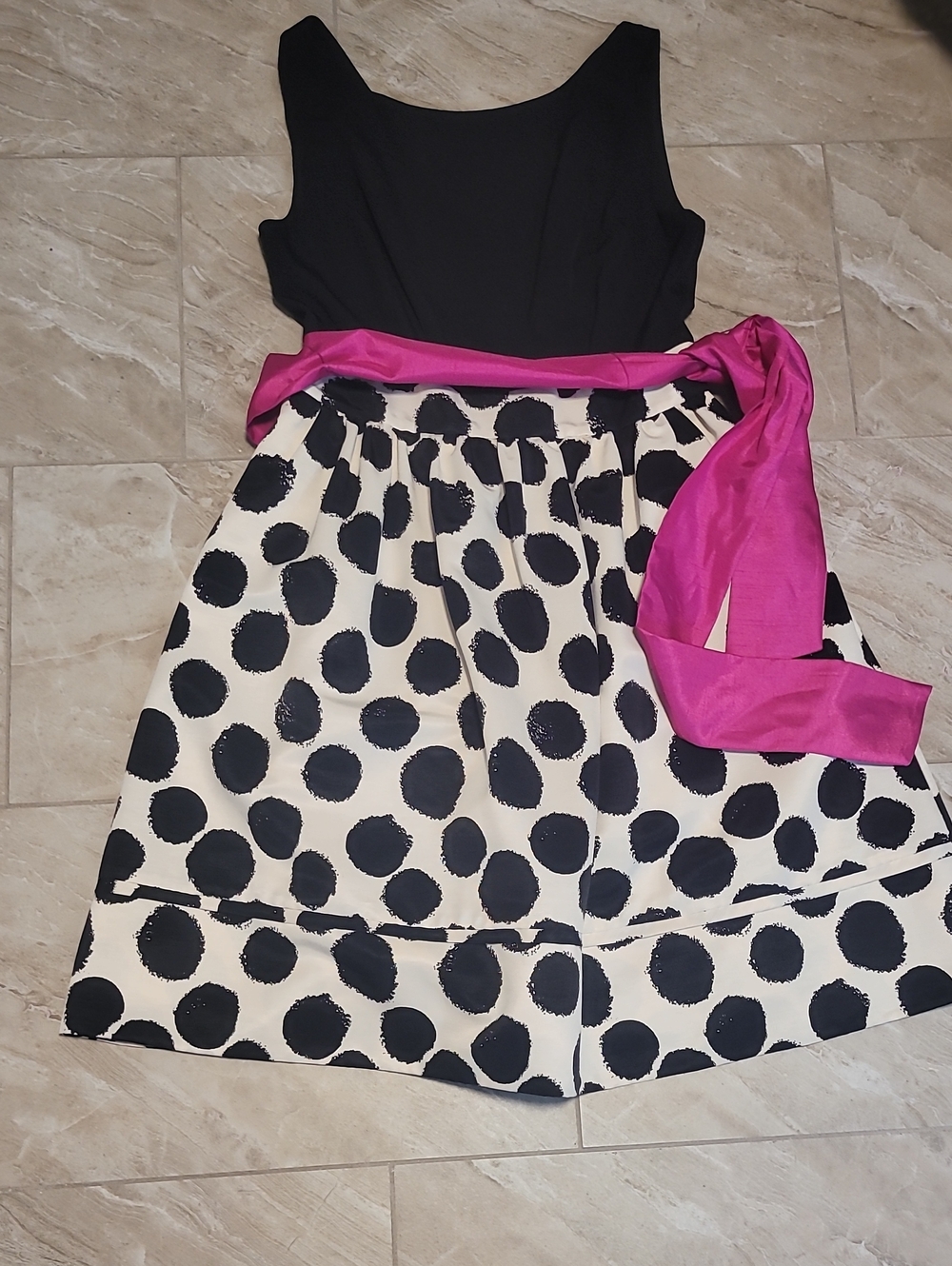 Eliza J Black Bodice Polka Dot Midi Dress with Pink Sash